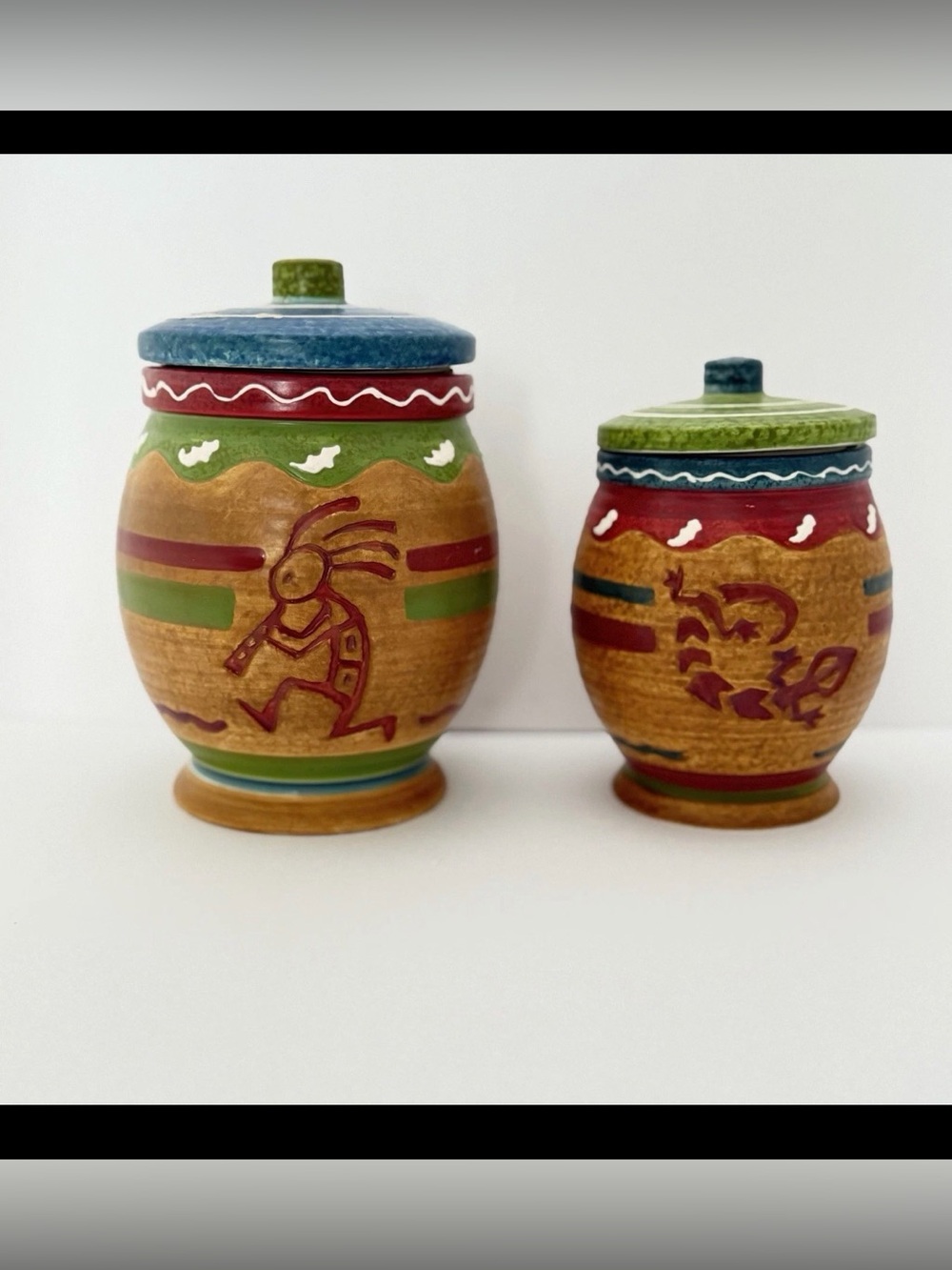 Set 2 Southwestern Motif Ceramic Canisters - 6" Kokopelli & 5" Lizard WMG 2005